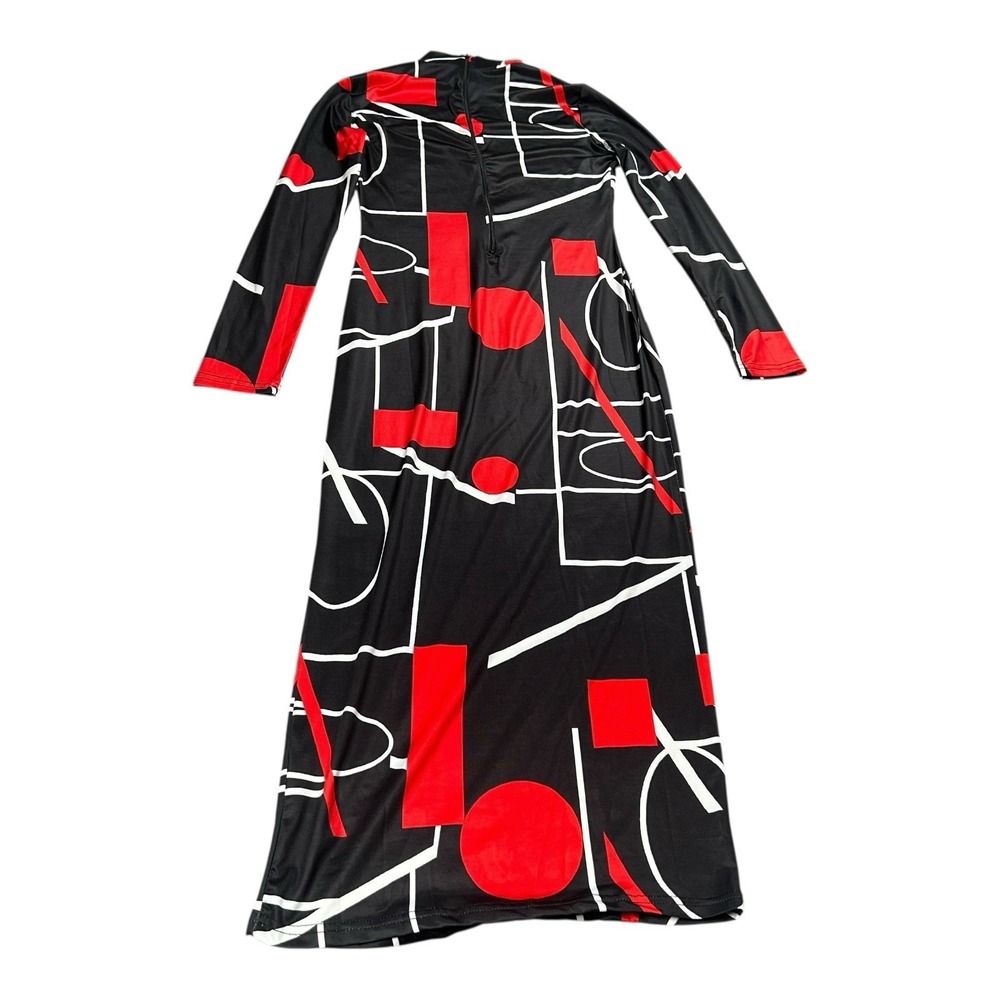 Black Red Geometric Long Sheath Dress Womens Small Mock Neck Knit Zip Fall